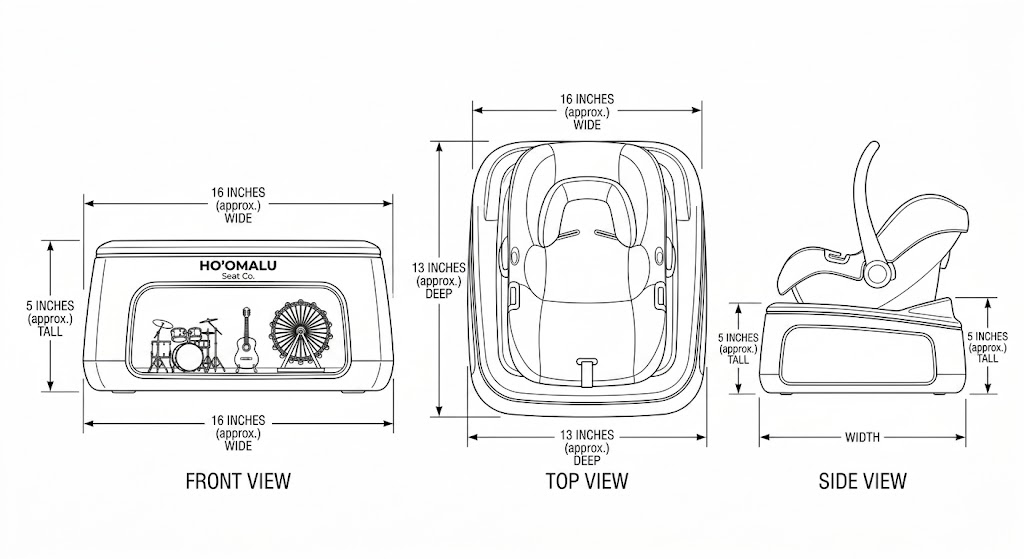 Ho'omalu dimensioned front, top, and side views